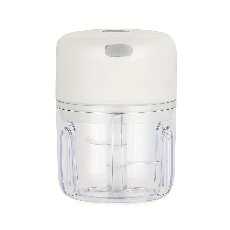 Picadora eléctrica Klyn en blanco, con el vaso transparente y la cuchilla dentro