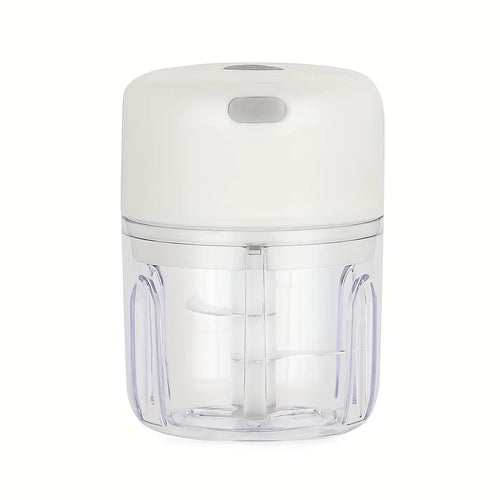 Picadora eléctrica Klyn en blanco, con el vaso transparente y la cuchilla dentro